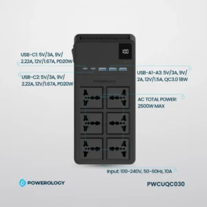 Powerology 2500W 6AC Power Extension with Built-In Retractable Cables