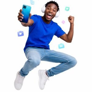 A Youth Jumping with phone - Phone shop Kenya